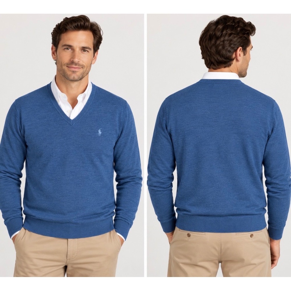 NWT Polo Ralph Lauren Slim Fit Washable Merino Wool V-Neck Sweater Blue Medium